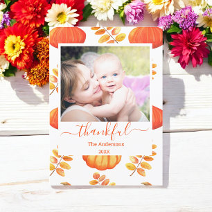 Pumpkin Happy Thanksgiving Photo Orange Plaid  Holiday Card