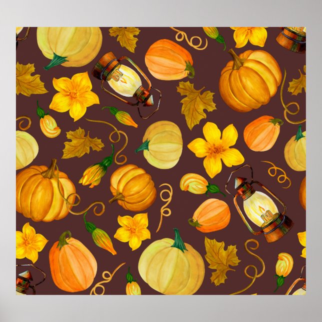Pumpkin Harvest Autumn Watercolor Pattern Poster (Front)