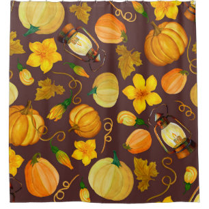 Pumpkin Harvest Autumn Watercolor Pattern Shower Curtain