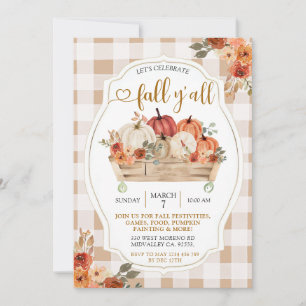 Pumpkin Harvest Brown Gingham Fall Y'all Party Invitation