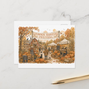 Pumpkin Harvest Festival Scene Illustration Postcard