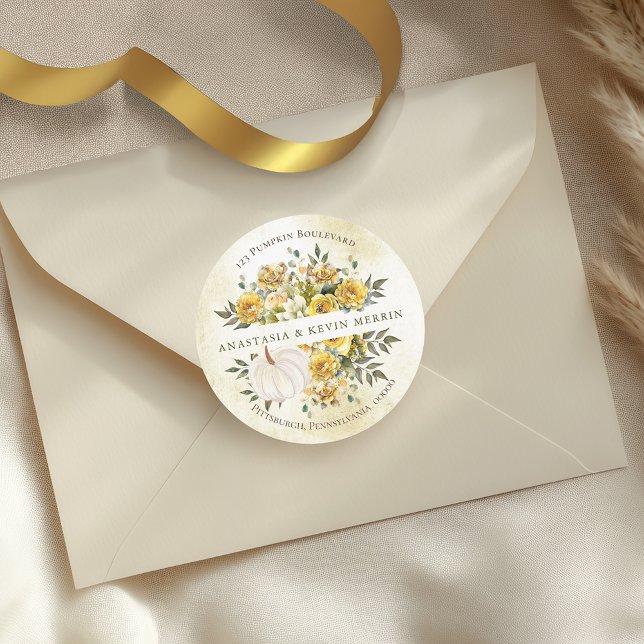 Pumpkin Harvest Gold Return Address Envelope Seal (White Pumpkin Harvest Gold Floral Fall | Autumn Return Address Envelope Seal Round Sticker)