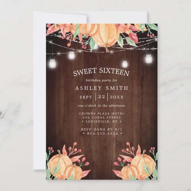 Pumpkin Harvest Watercolor Autumn Lights Sweet 16 Invitation (Front)