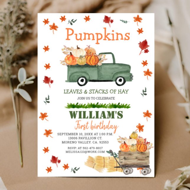 Pumpkin, Hay, Leaves, Fall Birthday Green Truck Invitation (Creator Uploaded)