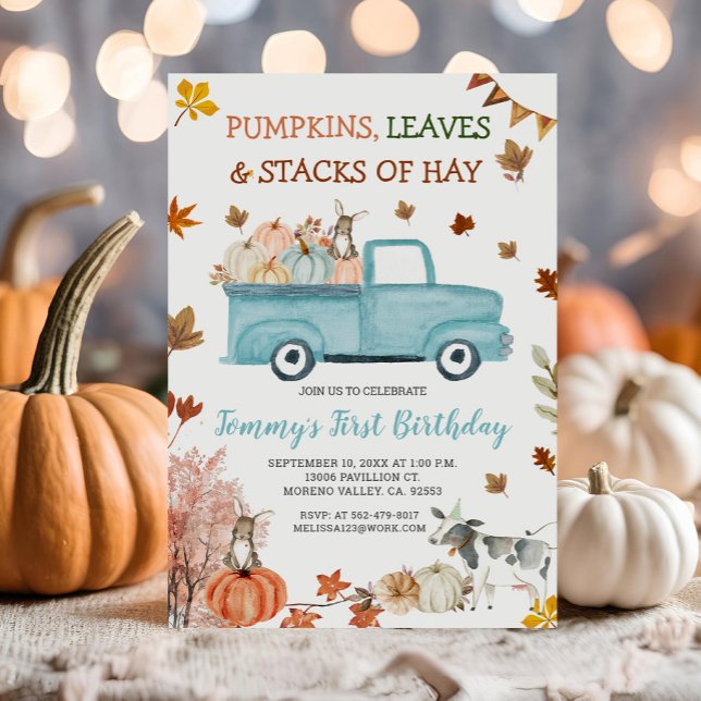 Pumpkin, Hay, Leaves, Fall Boy Birthday Blue Truck Invitation (Creator Uploaded)