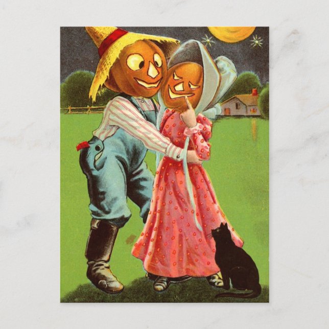 Pumpkin-Head Scarecrow Couple in Love Postcard (Front)