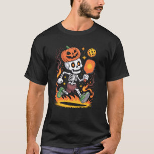 Pumpkin Head Skeleton Pickleball Halloween Pickle T-Shirt