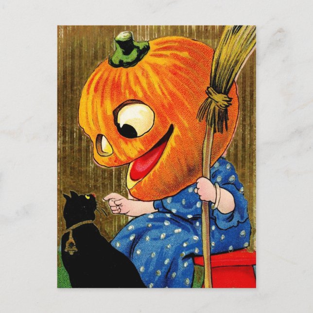 Pumpkin-Head Witch and Black Cat Postcard (Front)