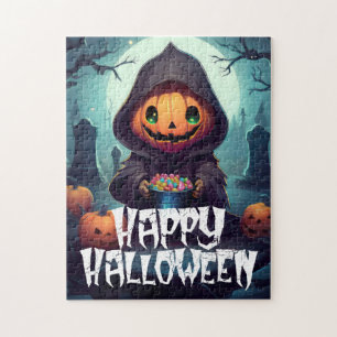 Pumpkin Head With Candy Happy Halloween Jigsaw Puzzle