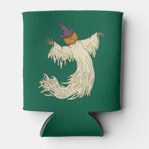 Pumpkin-Headed Ghost Halloween Art Can Cooler