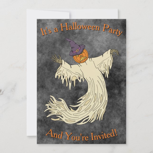 Pumpkin-Headed Ghost Halloween Art Invitation (Front)