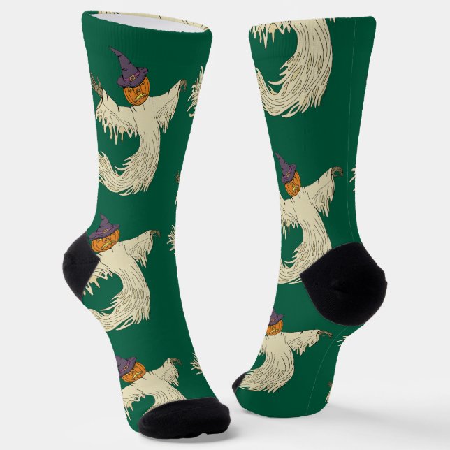 Pumpkin-Headed Ghost Halloween Art Socks (Angled)