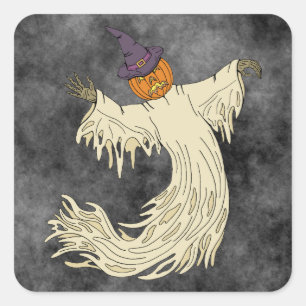Pumpkin-Headed Ghost Halloween Art Square Sticker