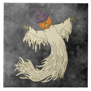 Pumpkin-Headed Ghost Halloween Art Tile