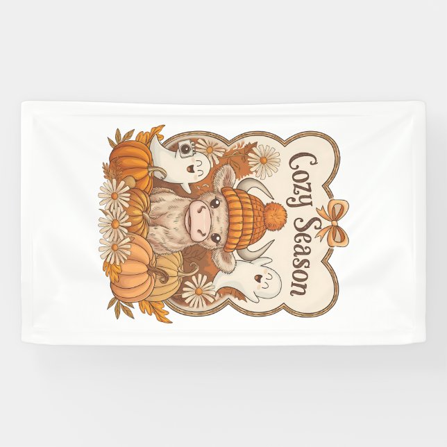 Pumpkin-highland Cow Ghost Halloween Banner (Horizontal)