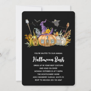 Pumpkin House with Ghost & Bats Halloween Invitation