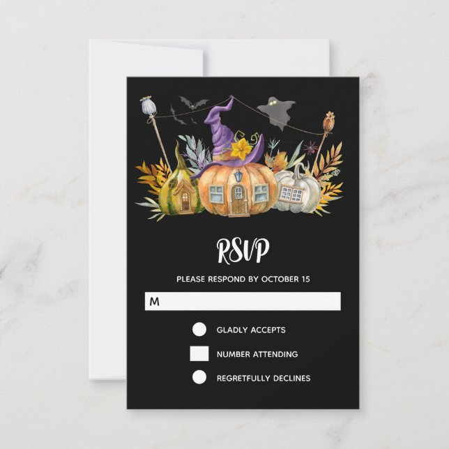Pumpkin House with Ghost & Bats RSVP Card (Front)