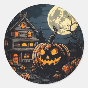 pumpkin in Halloween village Classic Round Sticker