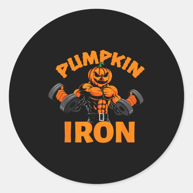 Pumpkin Iron Halloween Gym Workout Lifting Pun Fun Classic Round Sticker (Front)