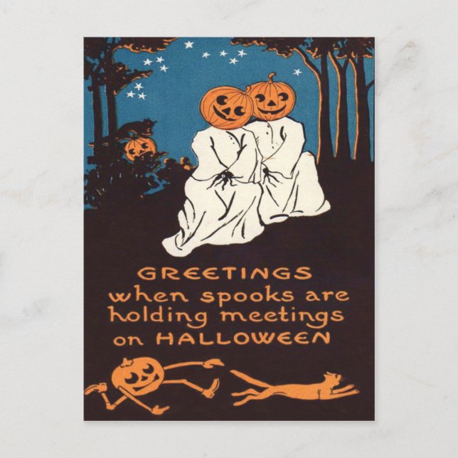 Pumpkin Jack O' Lantern Ghost Black Cat Tree Postcard (Front)