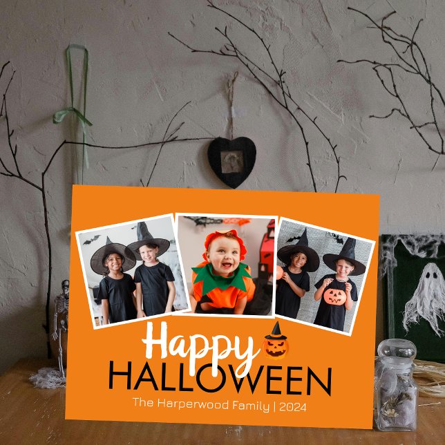 pumpkin jack-o-lantern Halloween Family 3 Photo Holiday Postcard (Creator Uploaded)