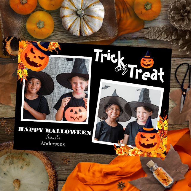 pumpkin jack-o-lantern Halloween Family Two Photo Holiday Card (Creator Uploaded)