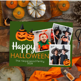 pumpkin jack-o-lantern Happy Halloween 3 Photo Holiday Card