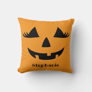 Pumpkin Jack O Lantern Lashes With First Name Cushion