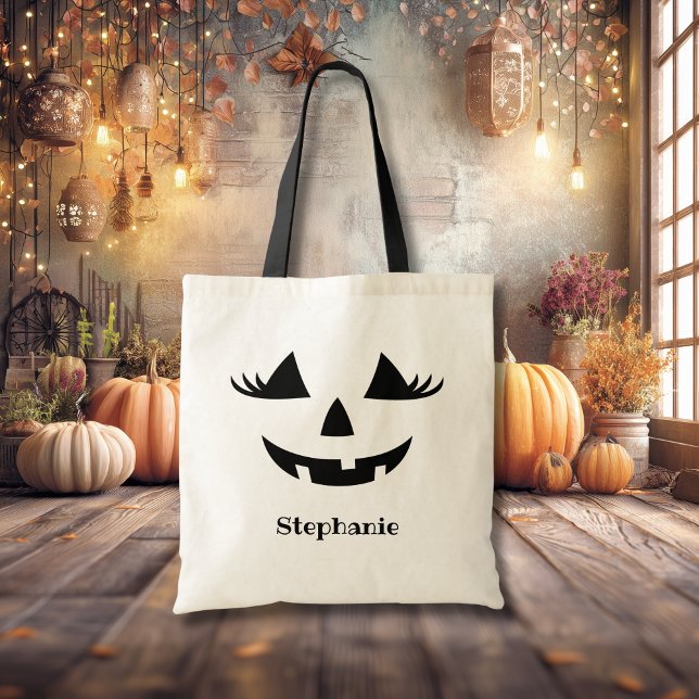 Pumpkin Jack O Lantern Lashes With First Name Tote Bag (Creator Uploaded)