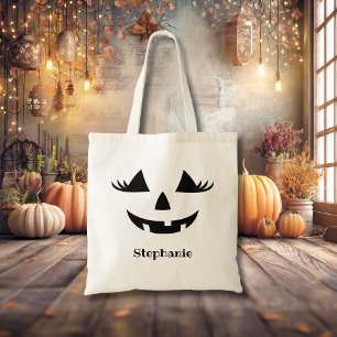 Pumpkin Jack O Lantern Lashes With First Name Tote Bag