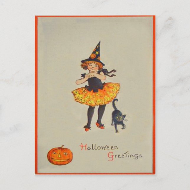 Pumpkin Jack O Lantern Witch Black Cat Postcard (Front)