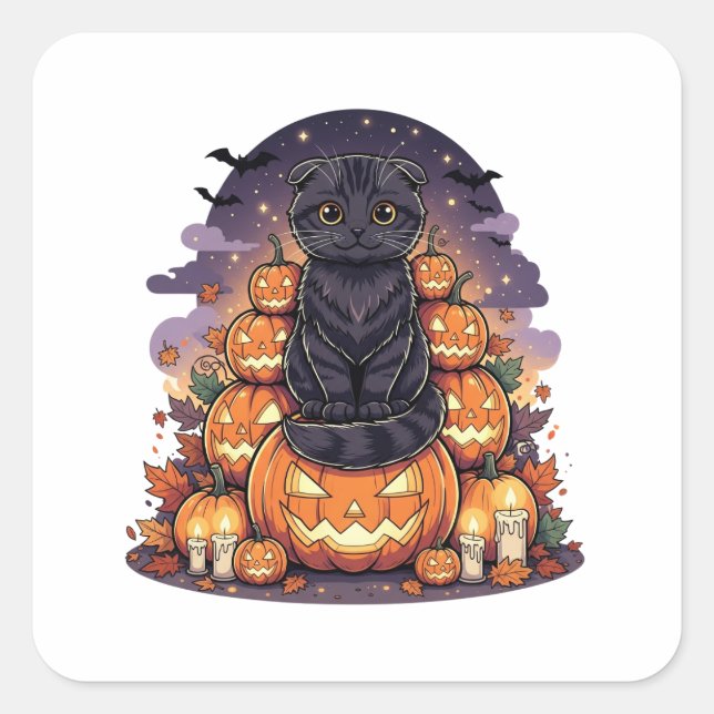 Pumpkin King Fold – Scottish Fold Cat Halloween Square Sticker (Front)