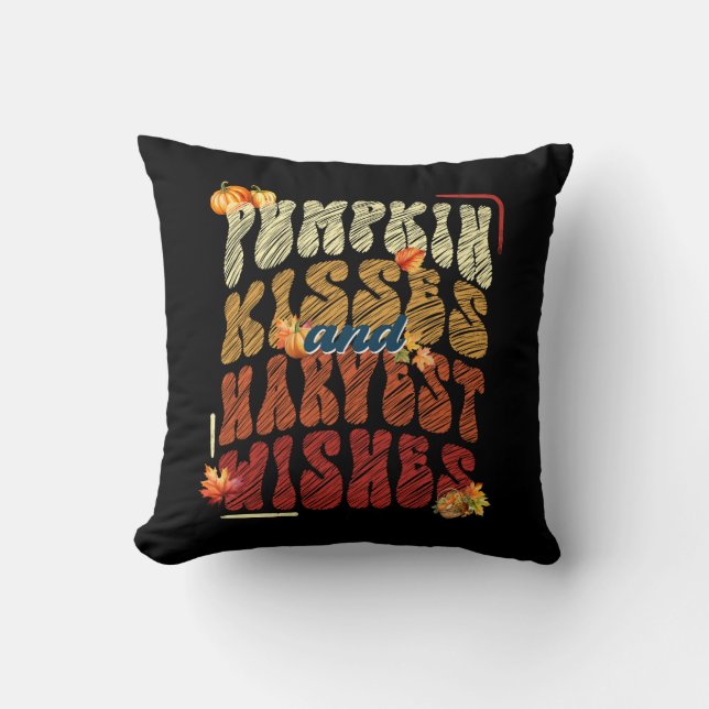Pumpkin Kisses Harvest Wishes, Bold Retro Fall Cushion (Front)