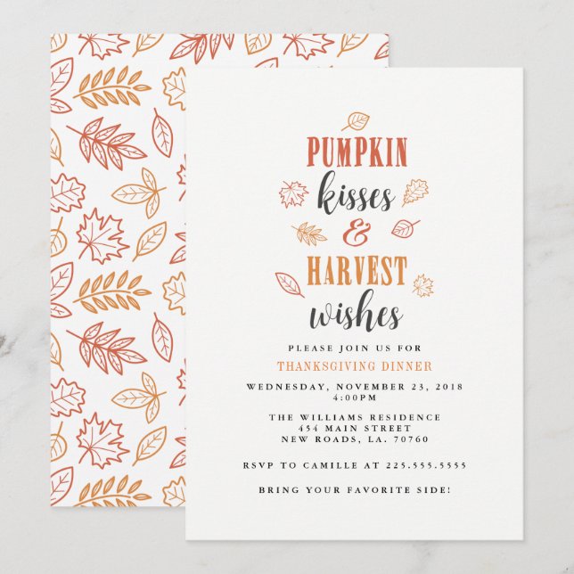 Pumpkin Kisses & Harvest Wishes Thanksgiving Party Invitation (Front/Back)
