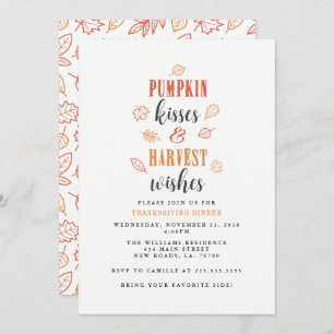 Pumpkin Kisses & Harvest Wishes Thanksgiving Party Invitation