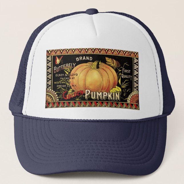 Pumpkin Label Antique Butterfly Brand Trucker Hat (Front)