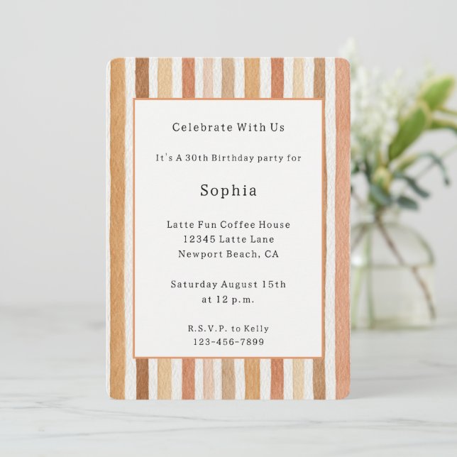 Pumpkin Latte Blush Stripes Birthday Invitation (Standing Front)