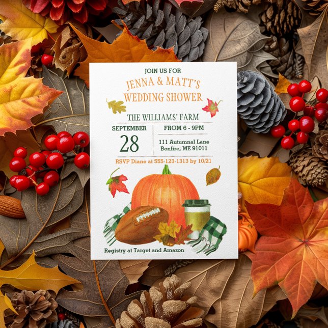 Pumpkin Latte Football Navy Green Wedding Shower Invitation (Creator Uploaded)