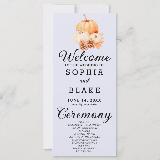 Pumpkin & Leaves Fall Lavender Wedding Program (Front)