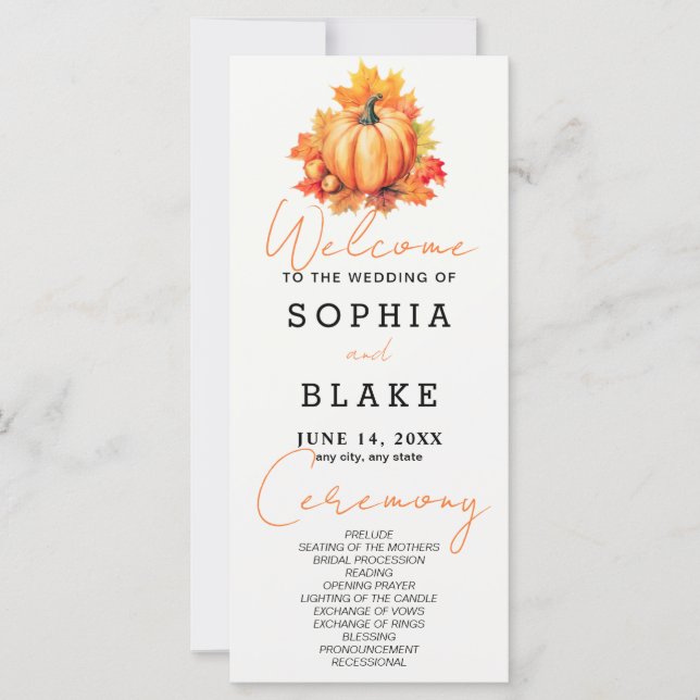 Pumpkin & Leaves Fall Off White Wedding Program (Front)
