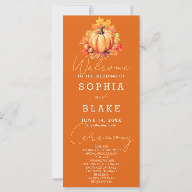 Pumpkin & Leaves Fall Orange Wedding Program (Front)
