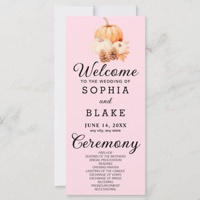 Pumpkin & Leaves Fall Soft Pink Wedding Program (Front)