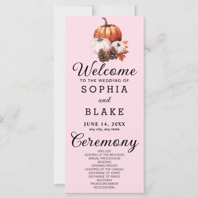 Pumpkin & Leaves Fall Soft Pink Wedding Program (Front)