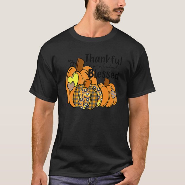 Pumpkin Leopard Thankful Grateful Blessed Thanksgi T-Shirt (Front)