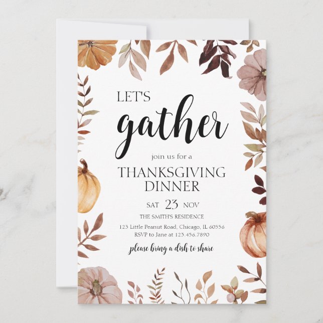 Pumpkin Let's Gather Thanksgiving Party Invitation (Front)