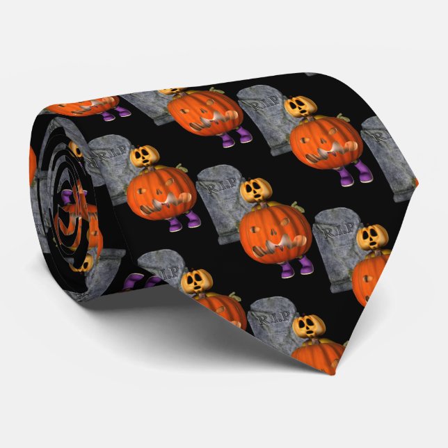 Pumpkin Man Tombstone Halloween Funny Tie (Rolled)