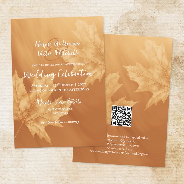 pumpkin maple leaves accent all in one invitation (front & back views)