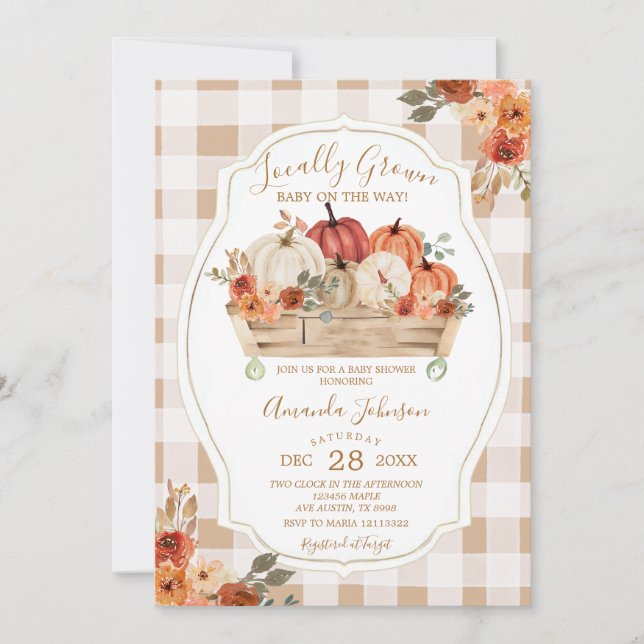 Pumpkin Market Locally Grown Gingham Baby Shower Invitation (Front)