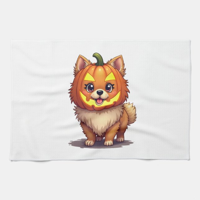 Pumpkin Mask Pomeranian Dog Tea Towel (Horizontal)