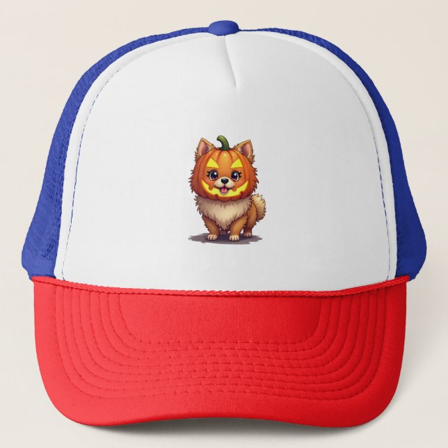 Pumpkin Mask Pomeranian Dog Trucker Hat (Front)